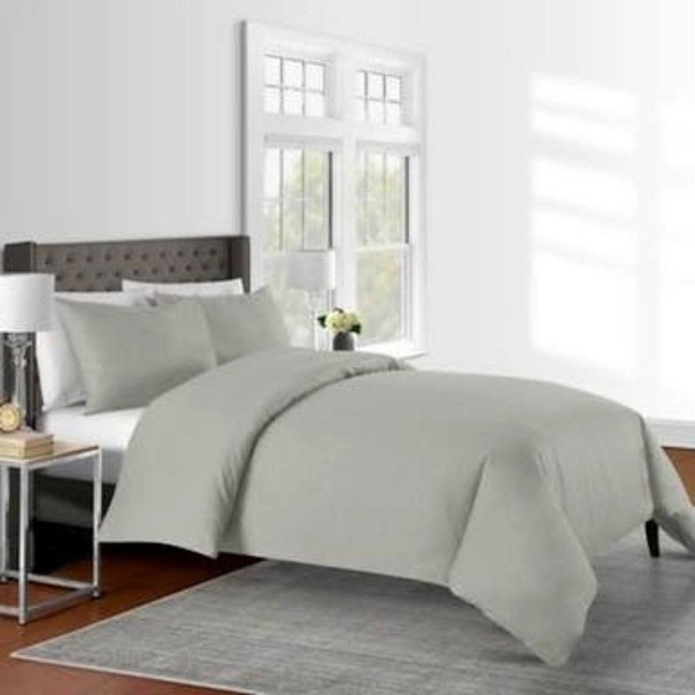 SUNHAM 625-Thread-Count Full / Queen Duvet Cover 3-Piece Set Silver Herringbone